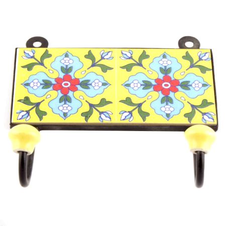 Yellow And Turquoise Ceramic Floral Tiles Hooks